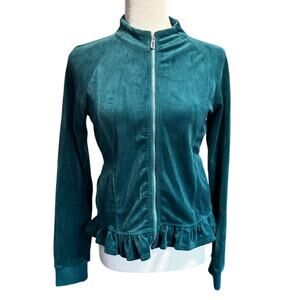 Juicy Couture Velour Zip-Up Jacket with Ruffle Hem Teal Size Small